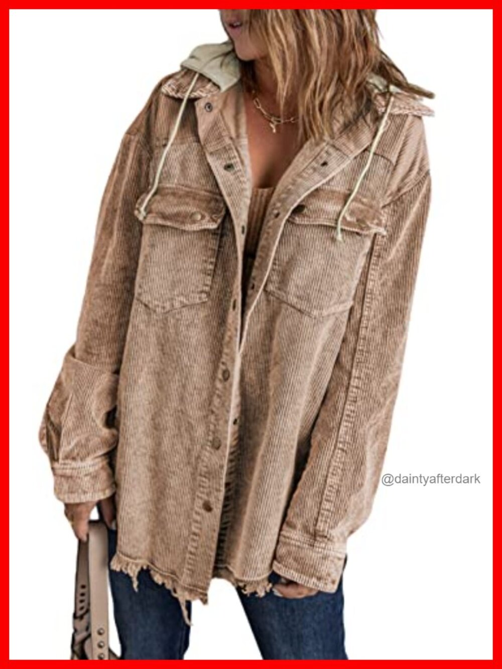 Corduroy Shacket Jacket Long Sleeve Button Down Hooded Coat with Pockets